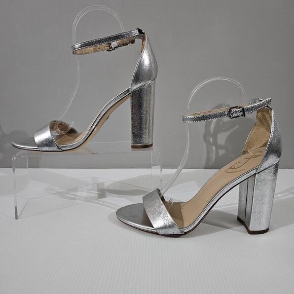 Sam Edelman Yaro Block Heel Sandal Women 9 Metallic Silver Evening Wedding Party - Picture 2 of 16